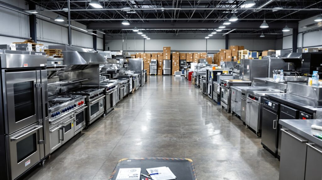 A spacious kitchen equipment showroom featuring stainless steel appliances, including ovens, stoves, refrigerators, and various kitchen tools, with cardboard boxes in the background.